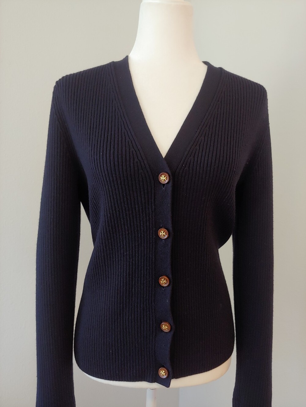 Tory Burch Merino Wool Navy Ribbed Knit Cardigan Women's Medium